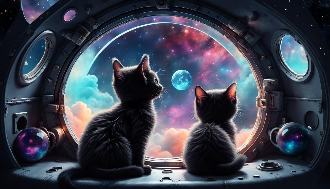 Kittens Explore Space in Rocket, Digital Art