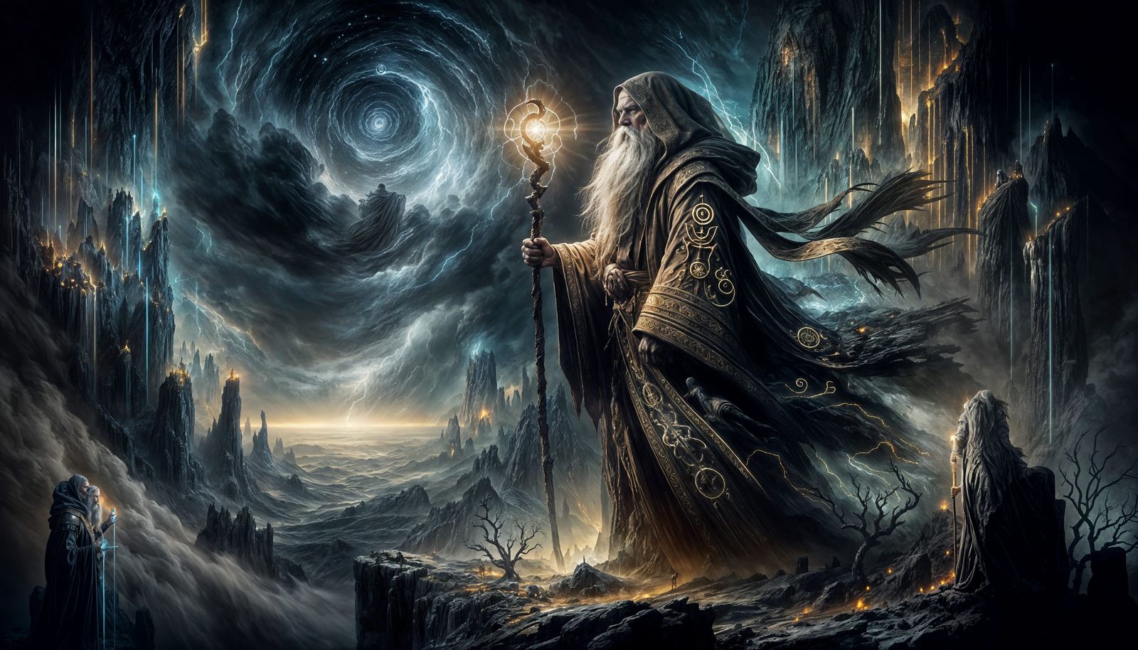 Elderly Wizard with Luminous Staff on Stormy Alien Cliff