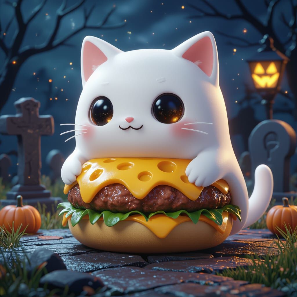Cute Ghost Cat Burger in Graveyard