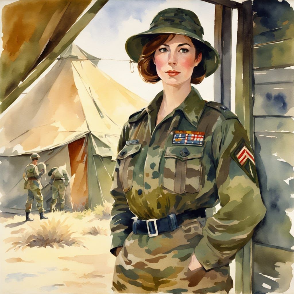 Impressionistic Watercolor Portrait in Military Fatigues