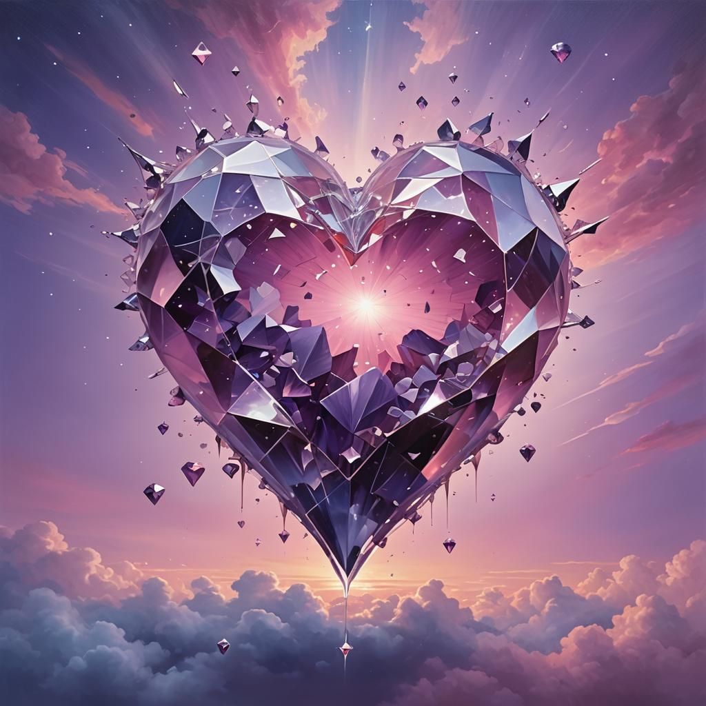 Fracturing Crystal Heart in Twilight: A Surreal Painting