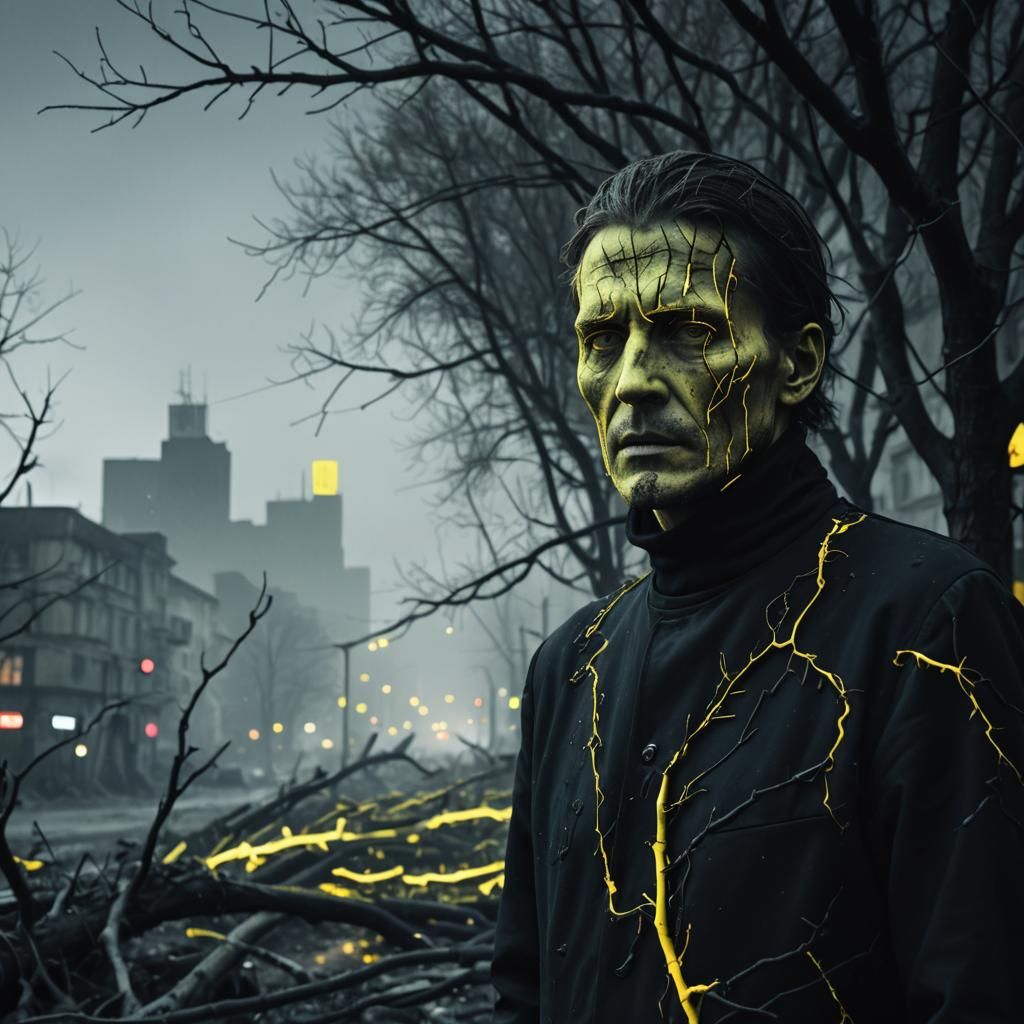 Bleak Cityscape with Yellow Neon in German Expressionism