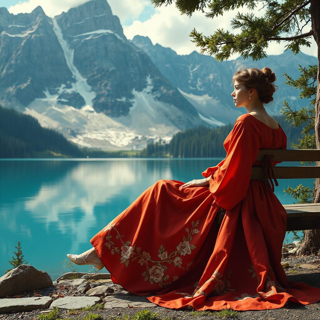 Woman in Red Dress by Mountain Lake, 1800s Style