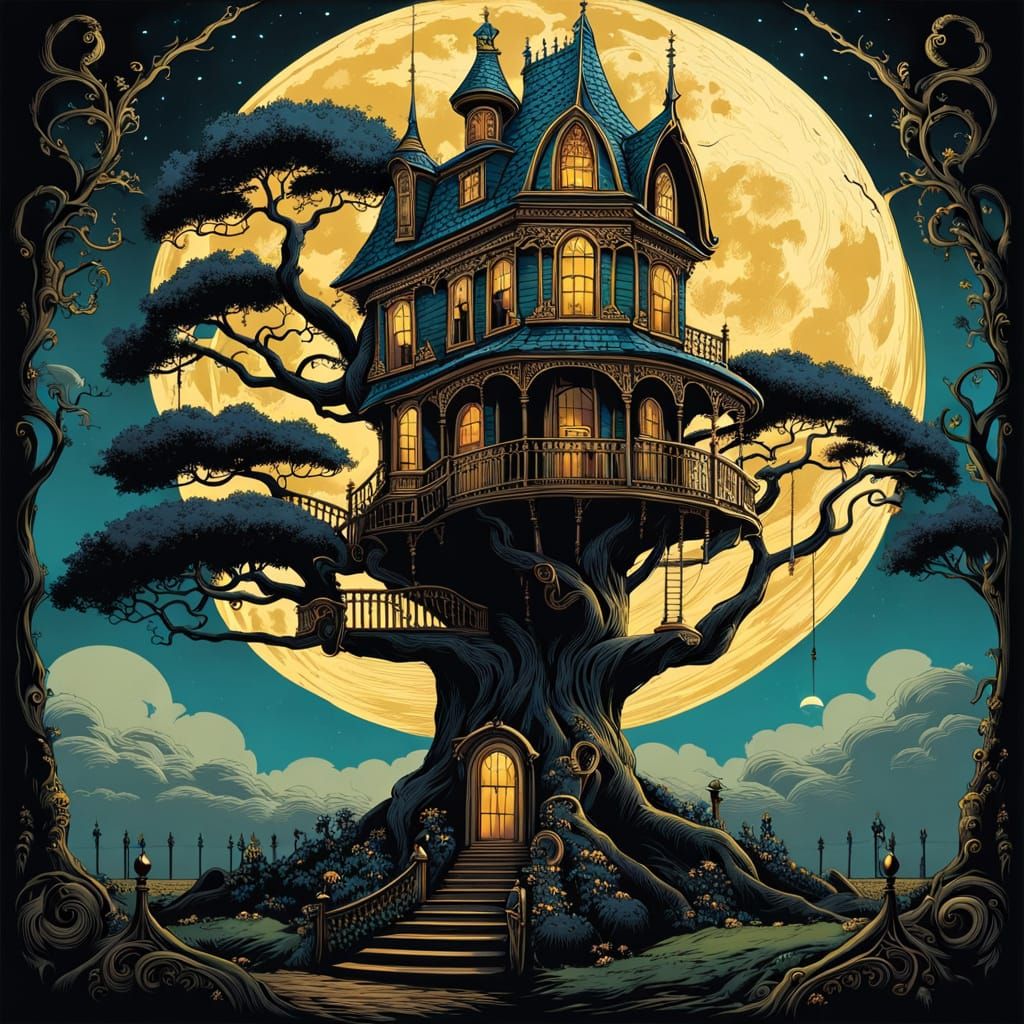Whimsical Victorian Tree House in Tim Burton's Golden Age St...