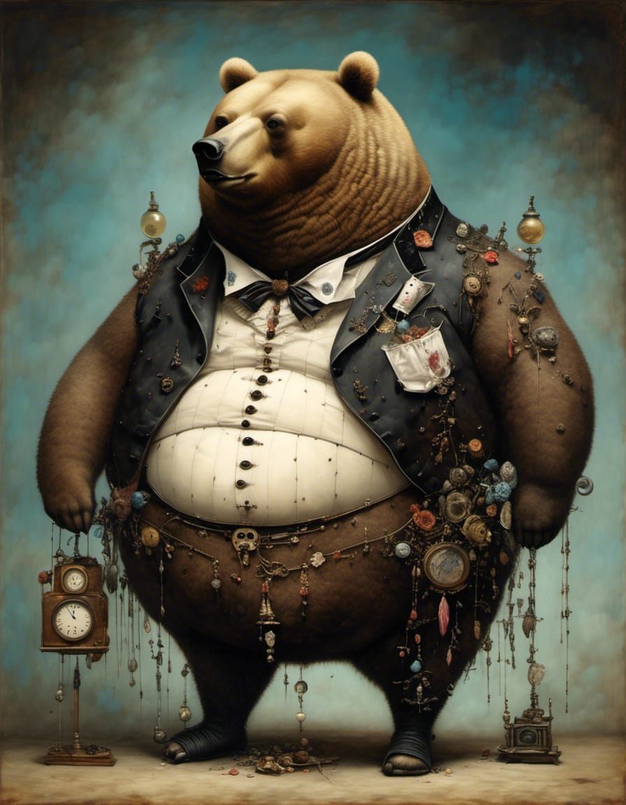 Humorous Portrait of Obese Bear in Corset