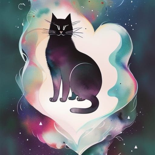 Cat Inside Heart Minimalist Digital Illustration