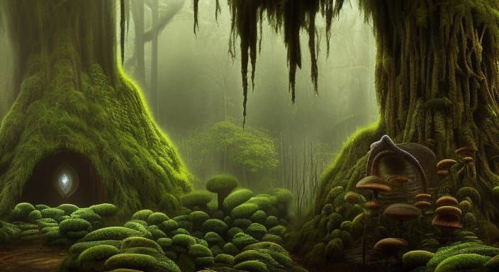 Mystical Mossy Tree Hideout in Dark Fantasy Style