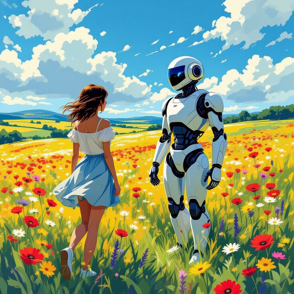 Girl and Robot in Vibrant Meadow, Van Gogh Inspired