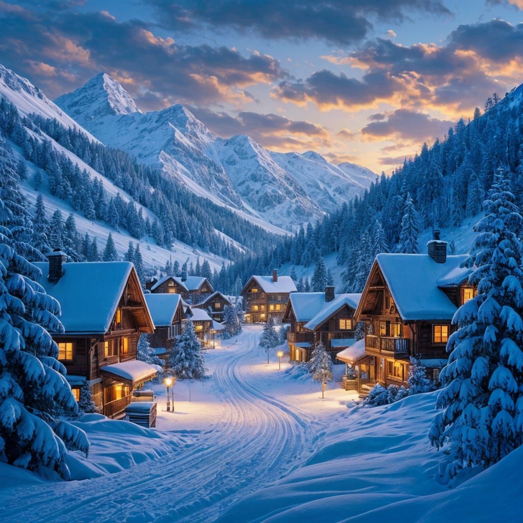 Cozy Alpine Village at Twilight, Matte Painting