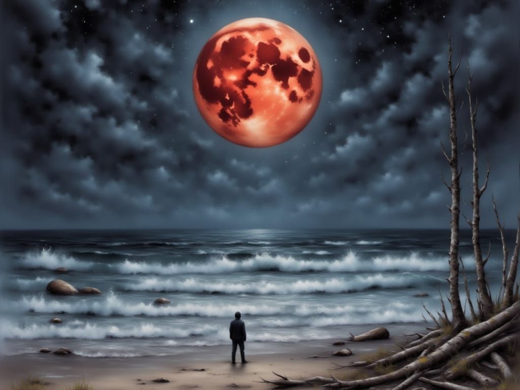 Ethereal Blood Moonscape with Abstract Figure