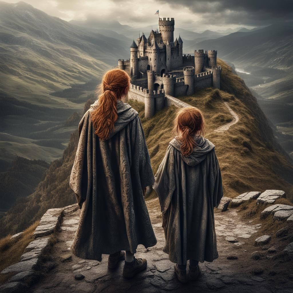 Windy Mountain Pass Scene with Siblings