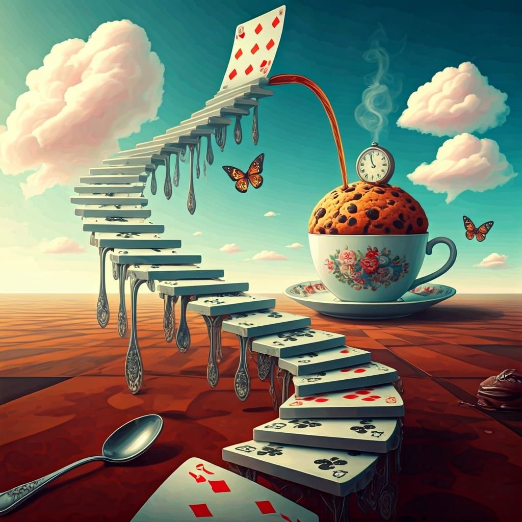 Surreal Teacup and Playing Card Staircase in Pastel Colors