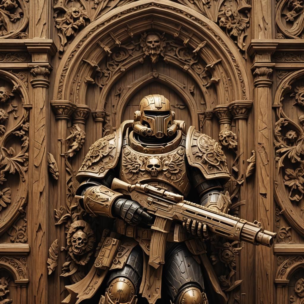 Ornate Wood Carving of Space Marine in Cathedral