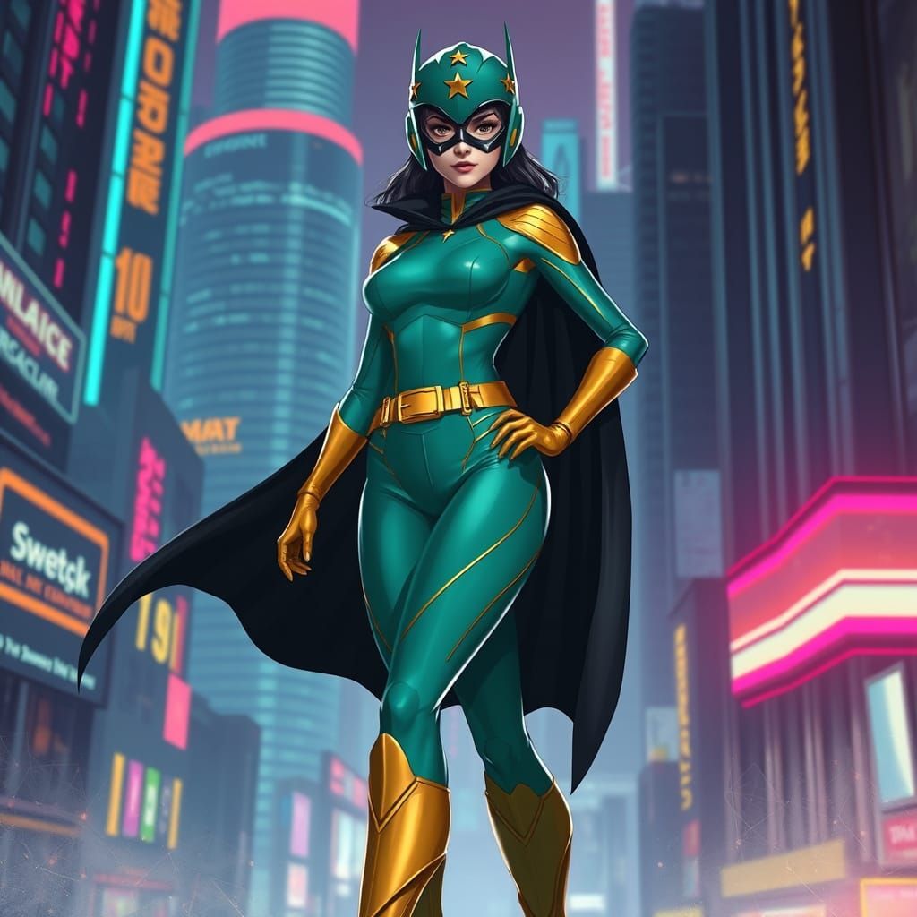 Jade Superheroine in Cyberpunk Cityscape