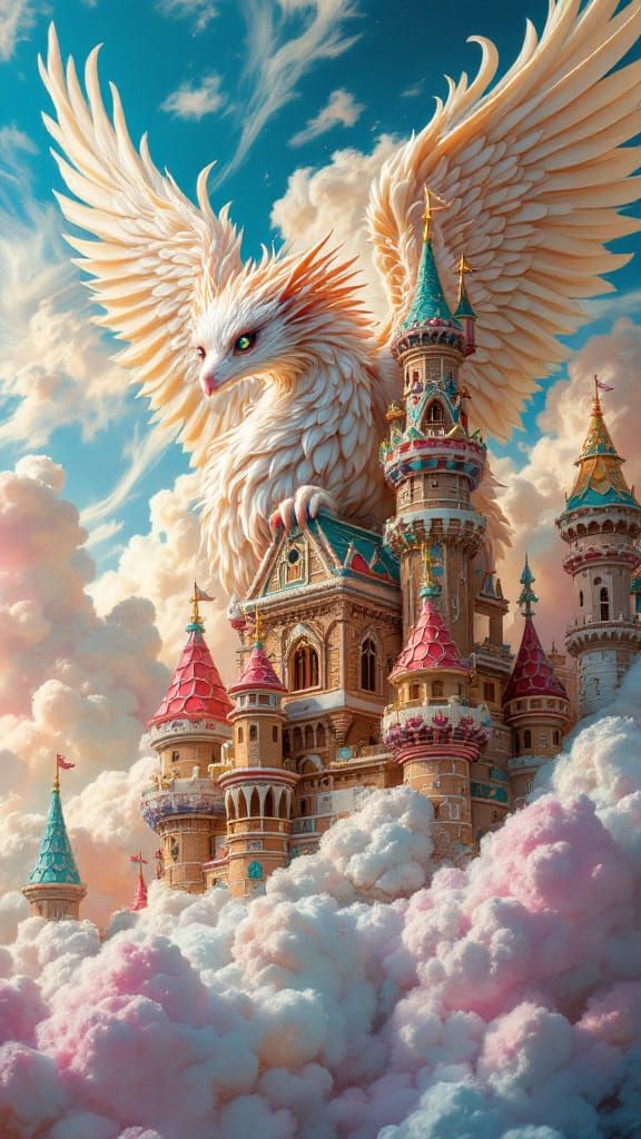 Griffin on Gingerbread Castle in Hyperrealistic Style