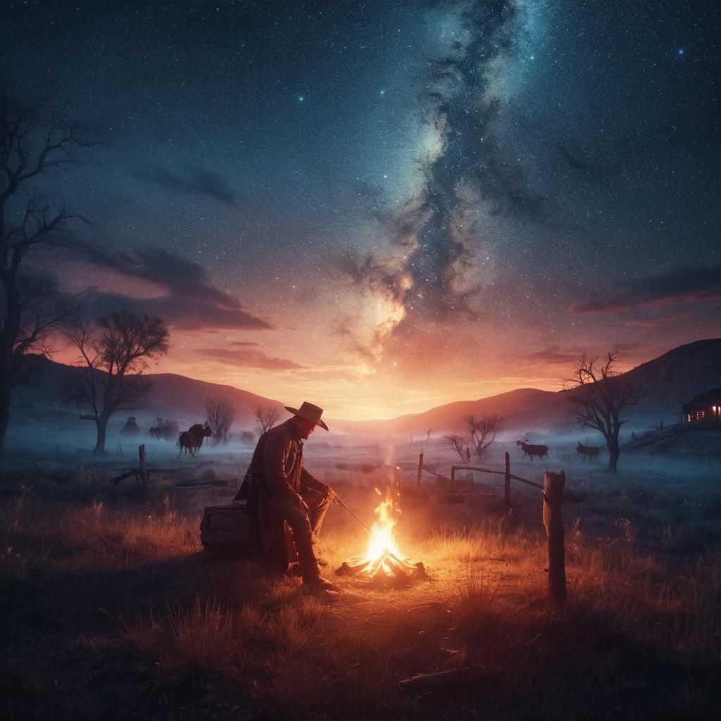 Cowboy Campfire Under Starry Sky, Cinematic Concept Art