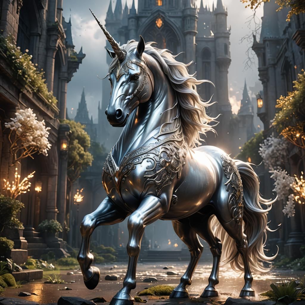 Glowing Silver Unicorn in Detailed Matte Painting
