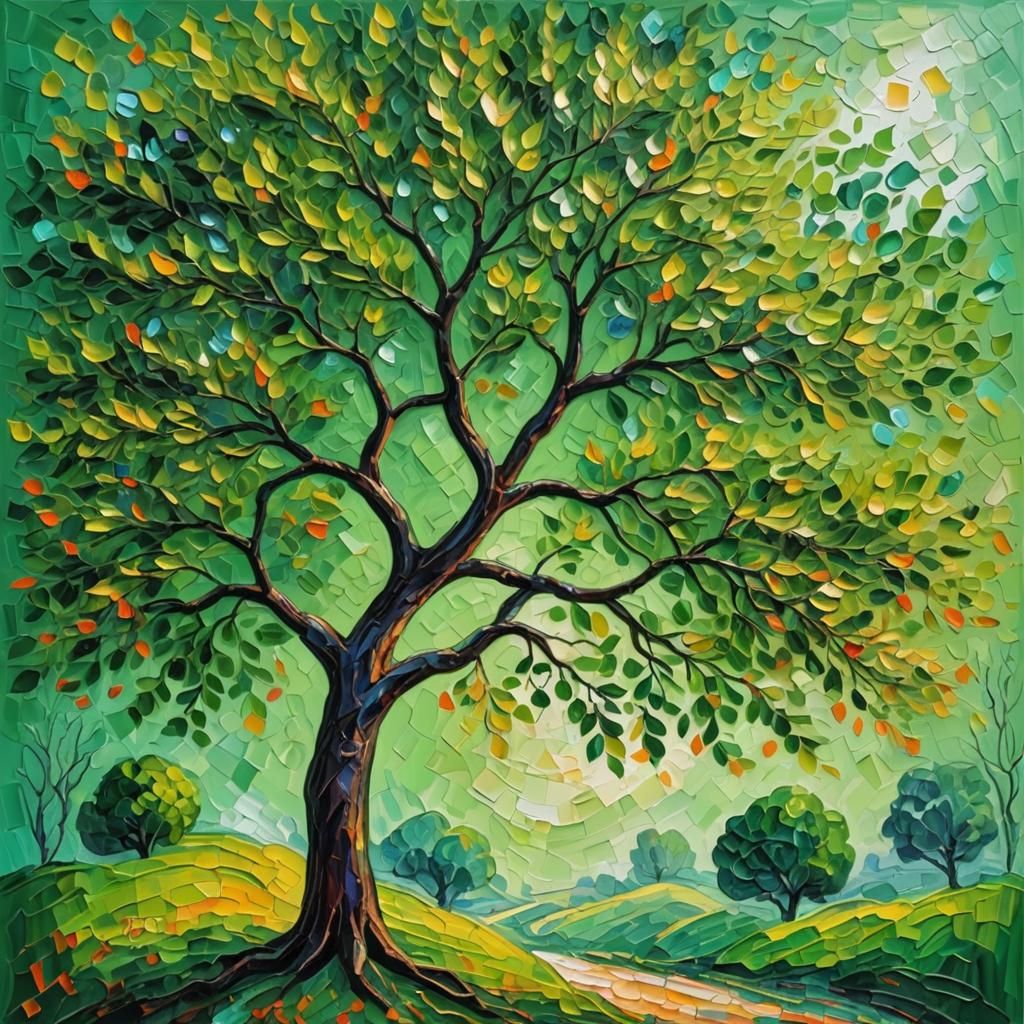 Green Tree in Expressionist Impasto Style