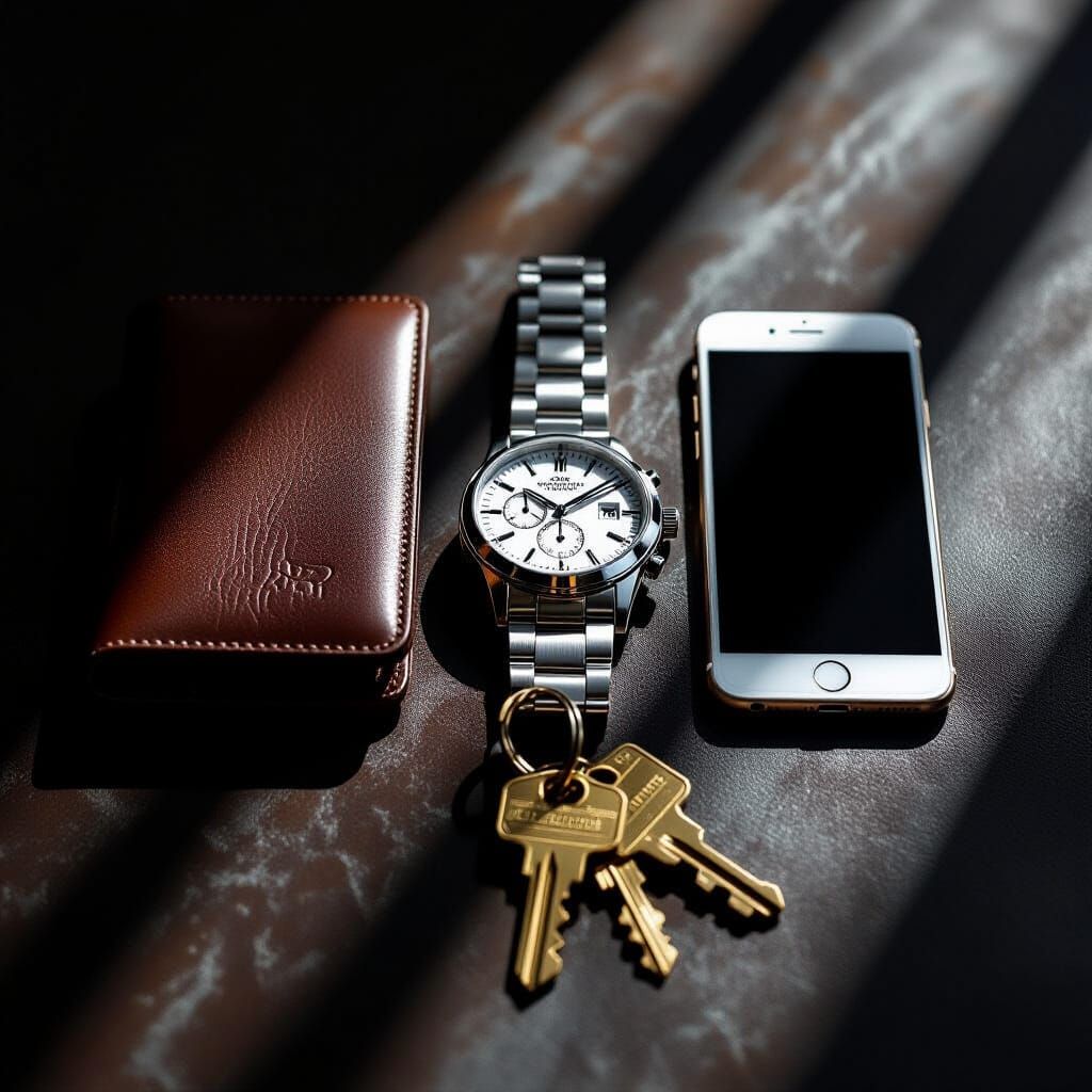 Moody Top-Down Photo of Daily Essentials with Sharp Shadows