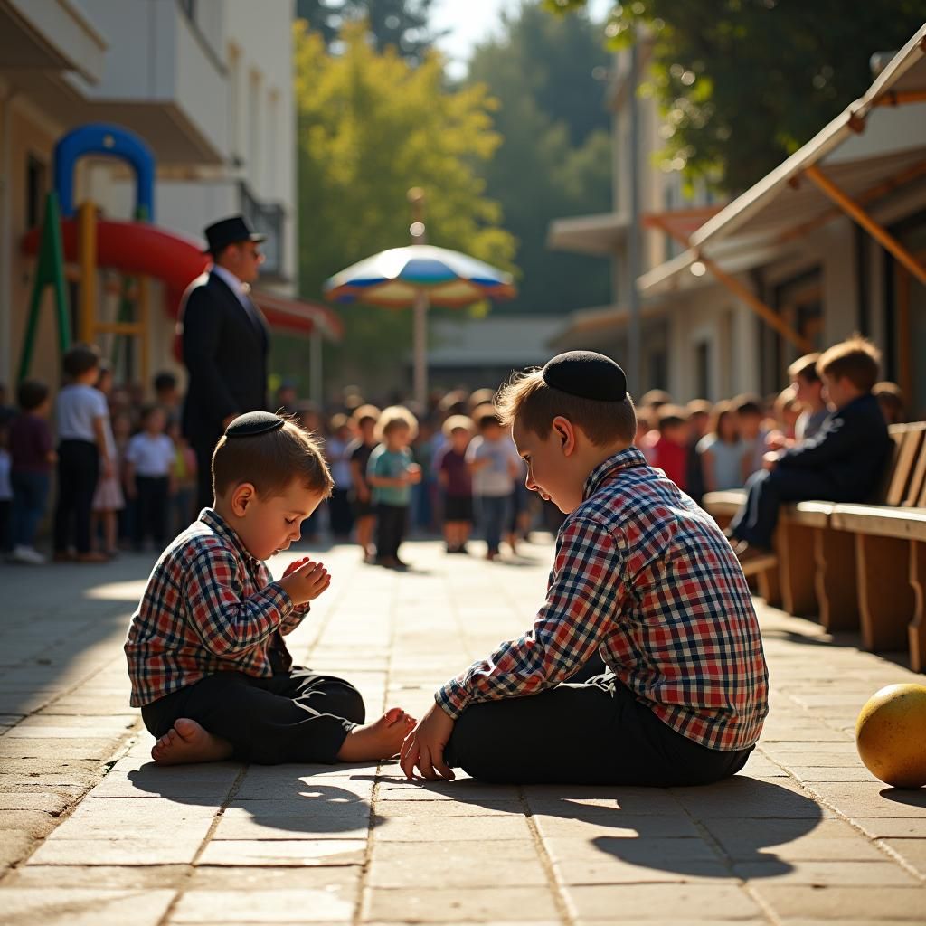 Ultra-Orthodox Children Playing in Sunny Courtyard