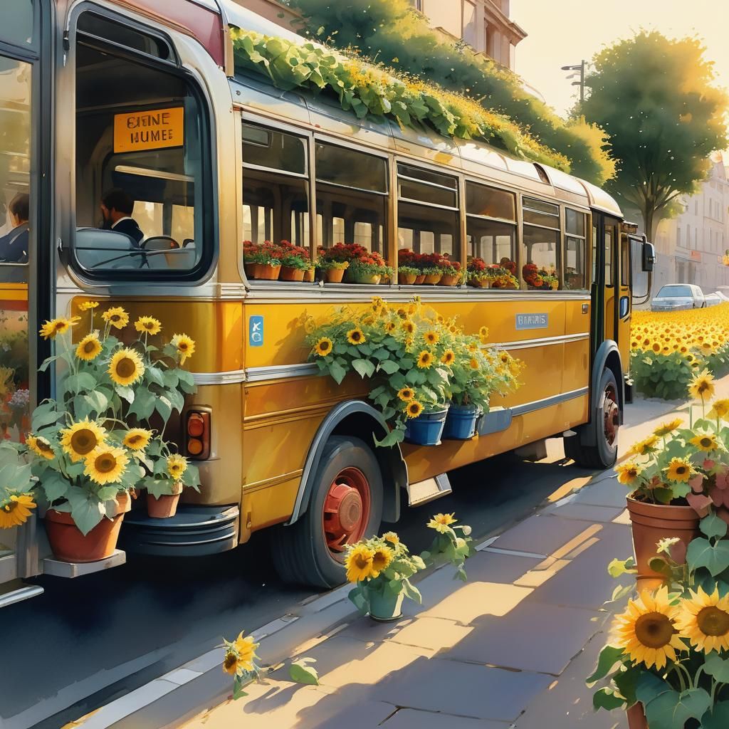 Sunflower Bus in Watercolor Style
