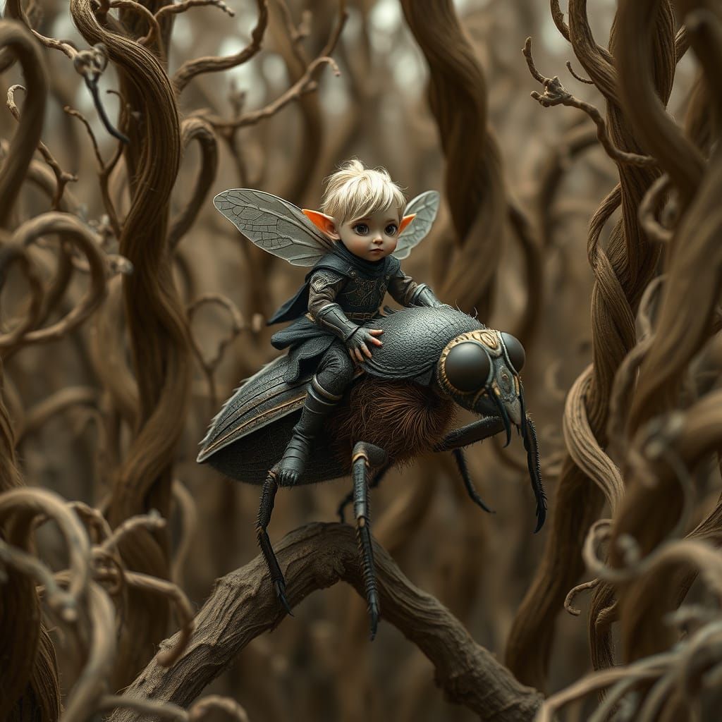 Elf Rides Flea Through Hair Forest