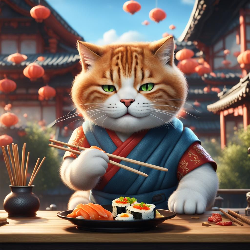Cute Cat Eats Sushi: Detailed Digital Painting