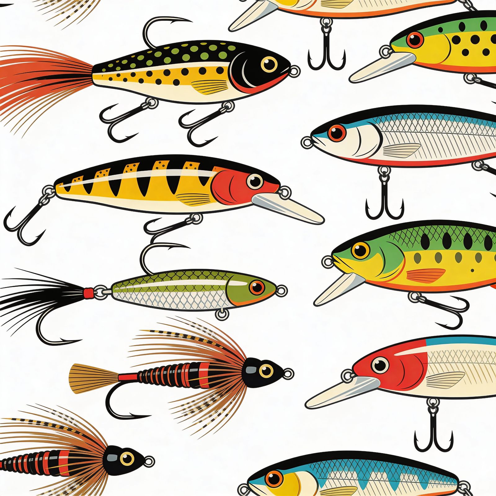 Vintage Fishing Lures Collection Hand-Drawn Illustration