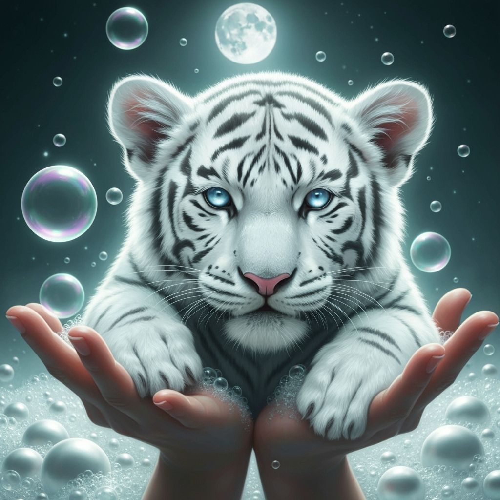 White Tiger Cub in Hands with Moonlit Bubbles