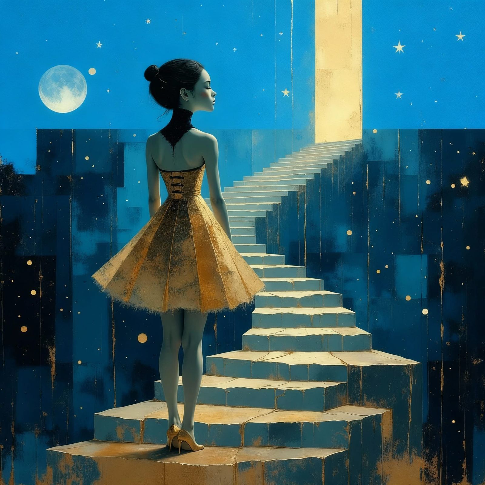 Woman in Gold Dress Ascends Stairway to Heaven Under Starry ...