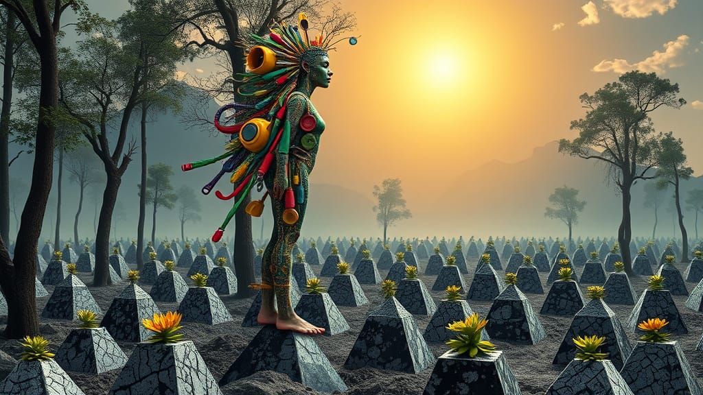 Woman of Vibrant Kitchen Tools in Dreamlike Landscape