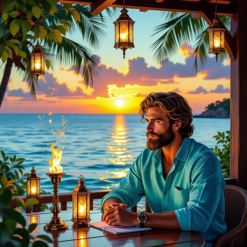 Man at Cafe Overlooking Shimmering Sea, Illuminated by Torch...