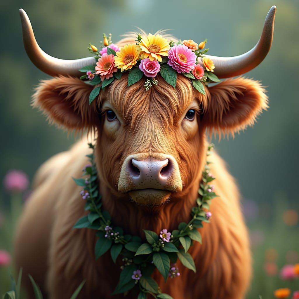 Highland Cow with Floral Crown in Matte Painting Style