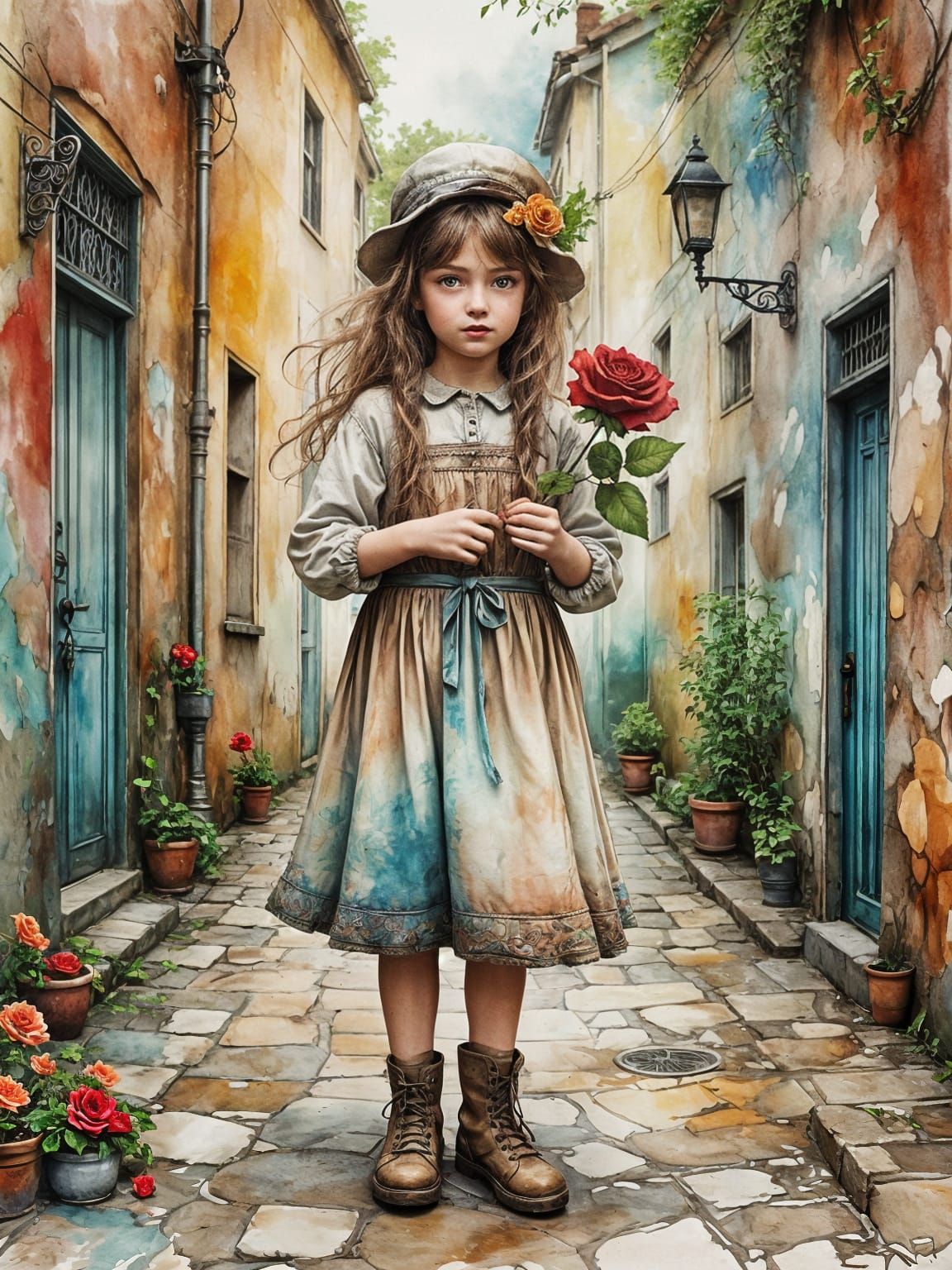Girl Holding Rose on Grungy Wall in Watercolor Style