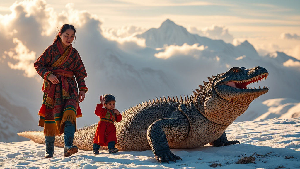 Tibetan Woman Walks Dragon in Hyperrealistic Portrait