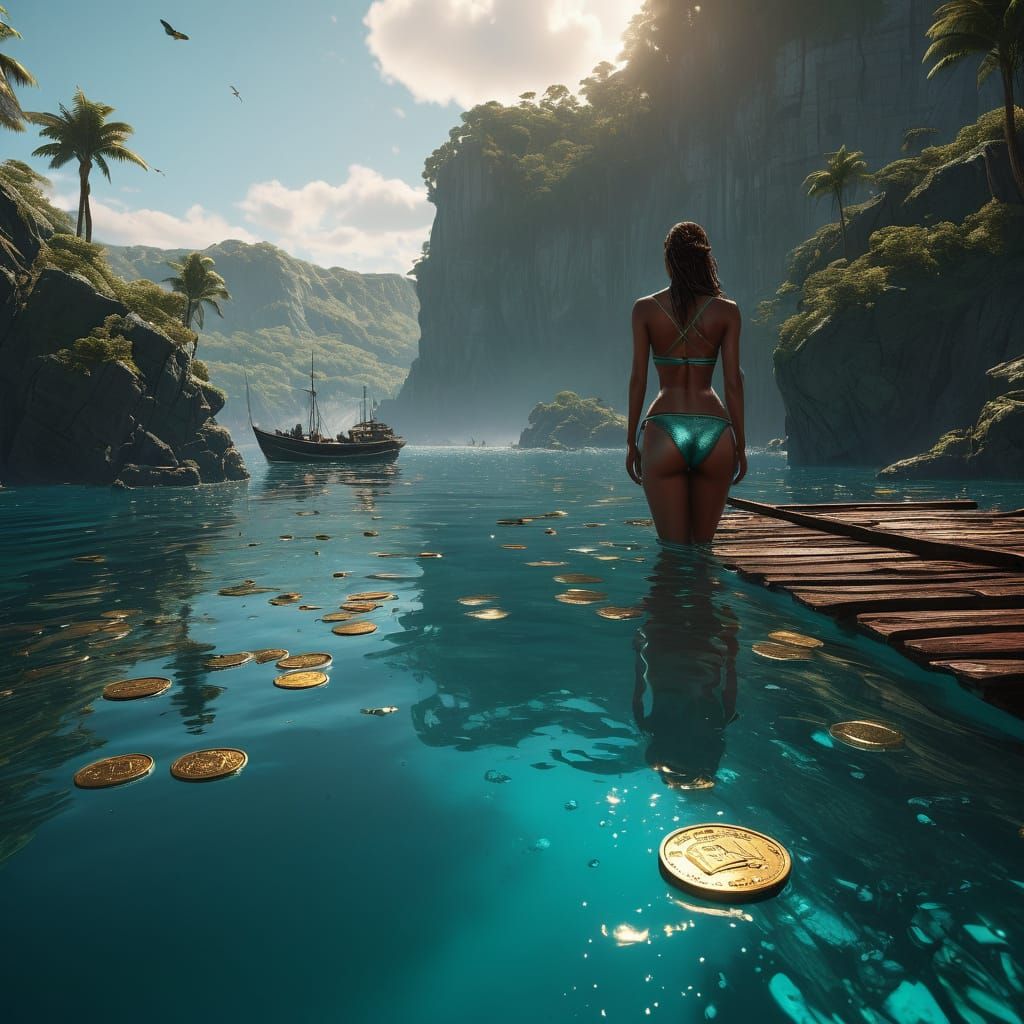 Diamond Bikini Supermodel in Turquoise Cove at Sunset