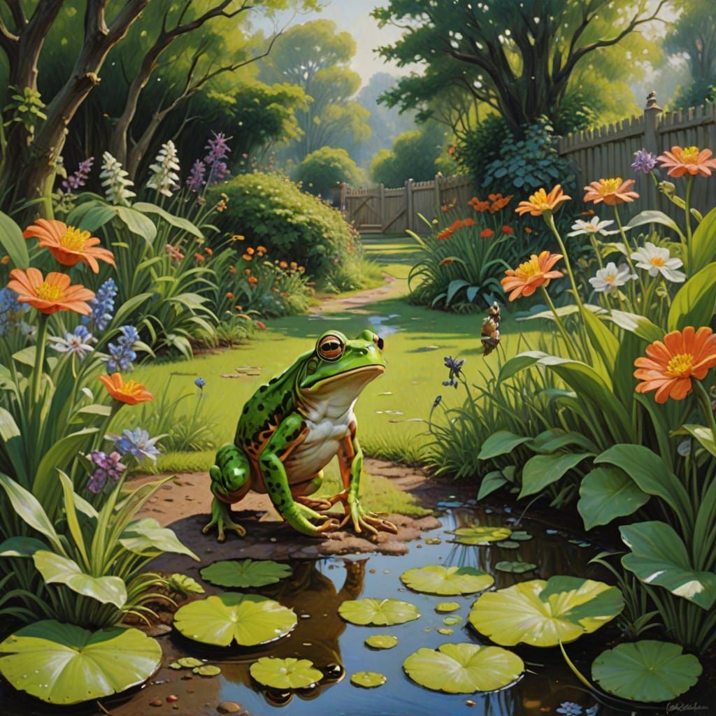Whimsical Garden Chase in Oil Painting Style