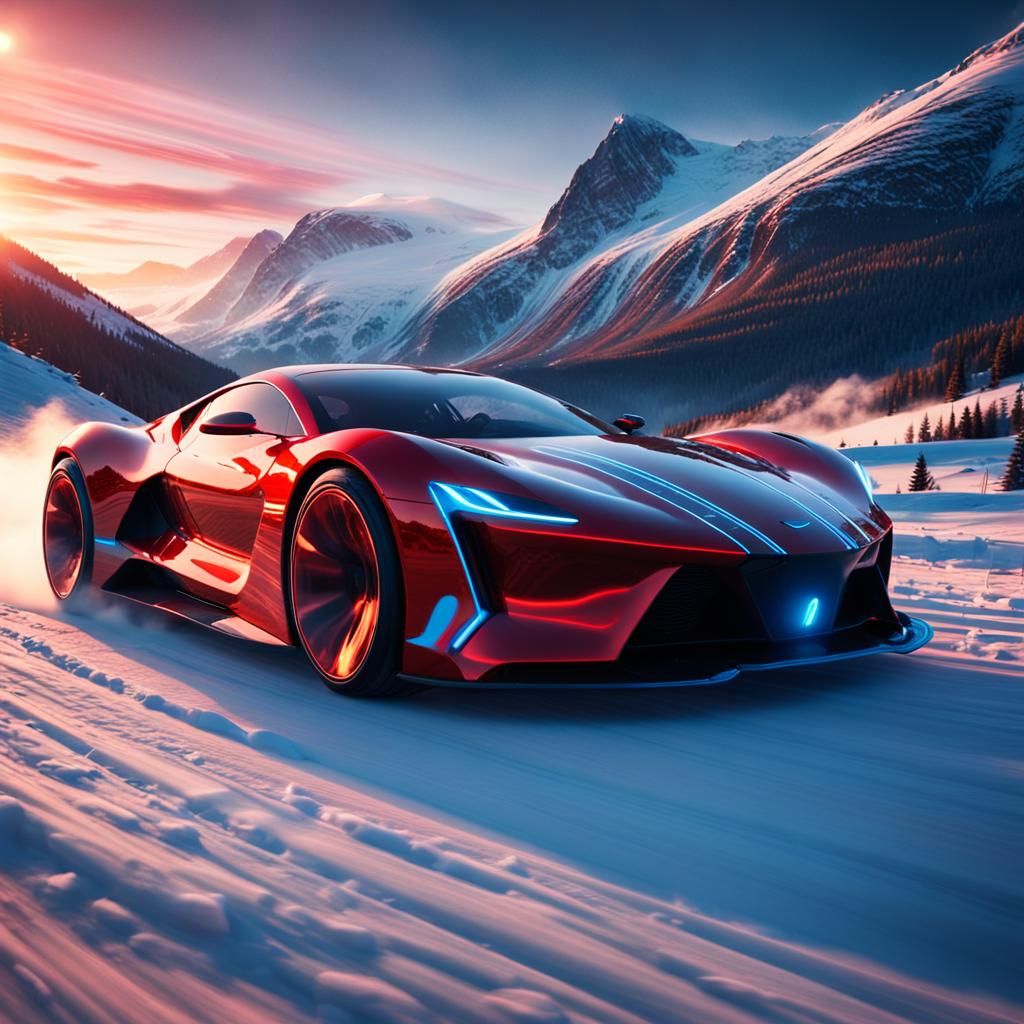 Futuristic Supercar Speeds Through Snowy Mountains