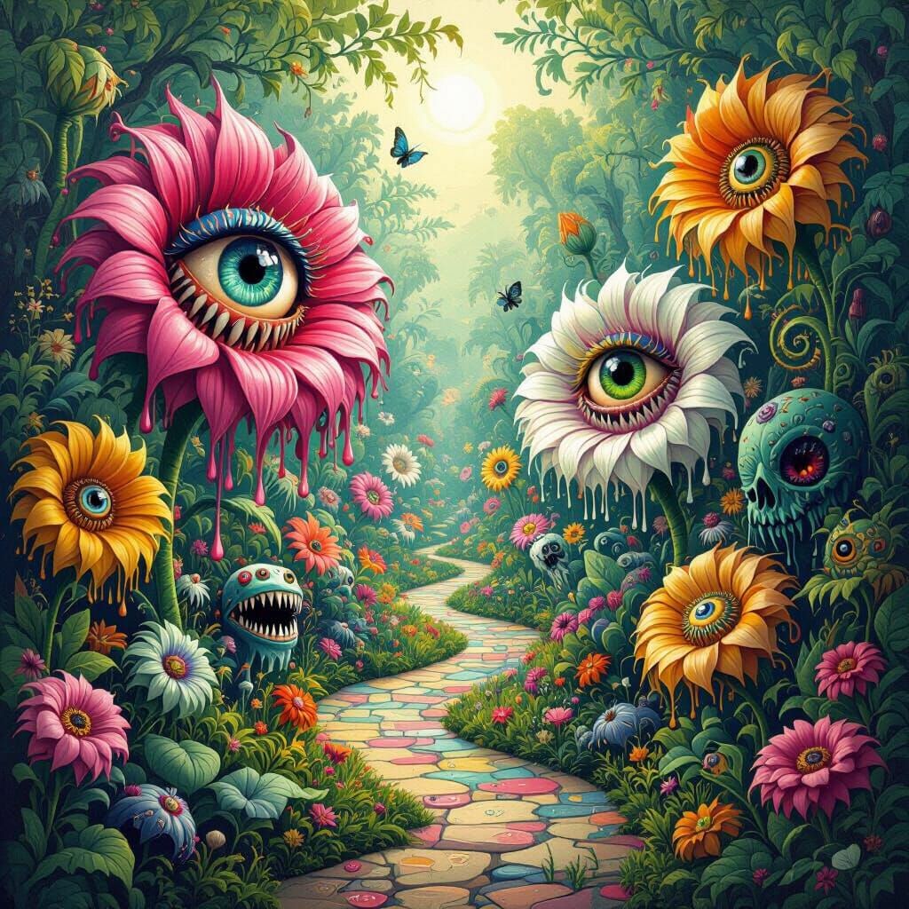 Psychedelic Garden with Eying Flowers and Bosch-Inspired Cre...