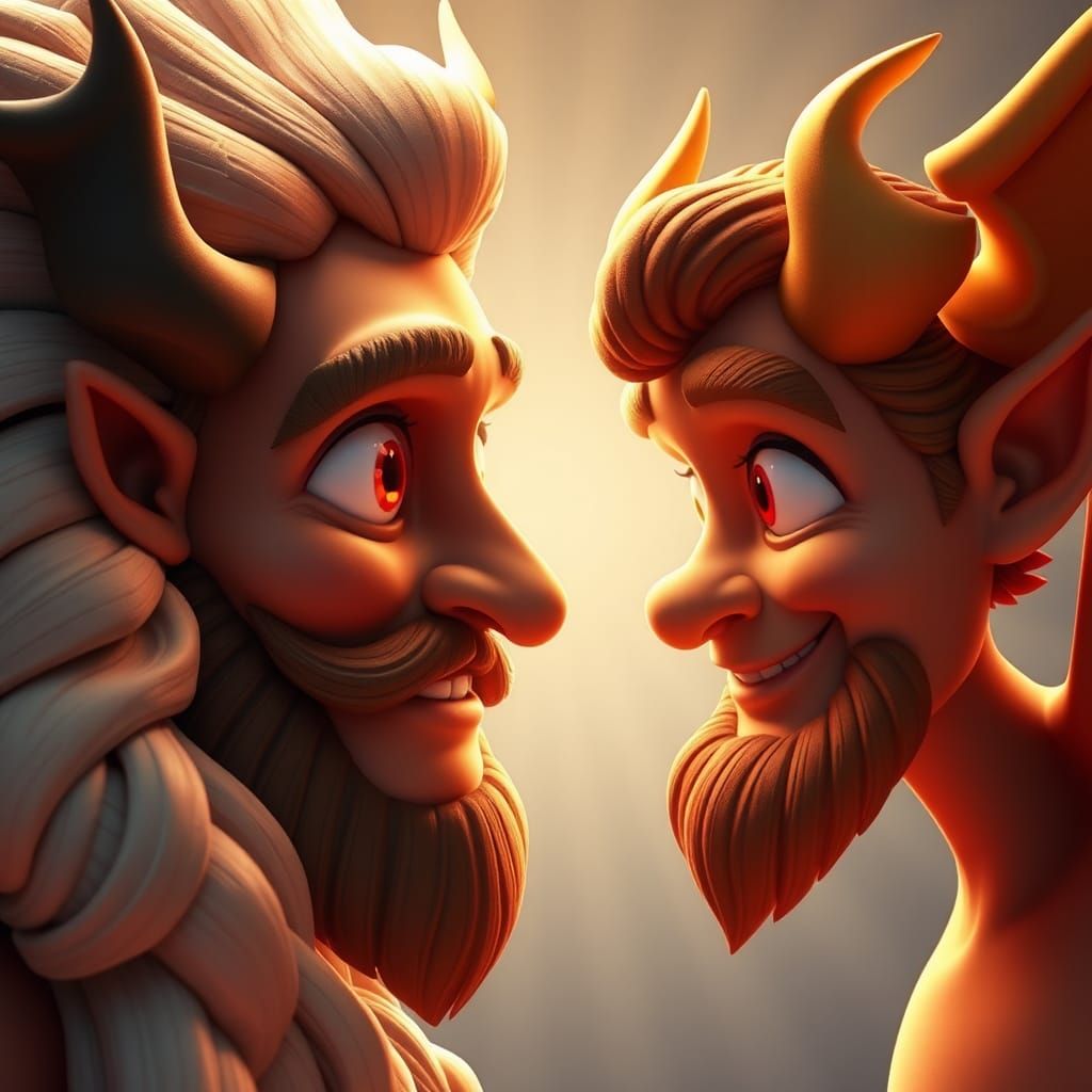 God and Devil Embrace in Animated 3D Render