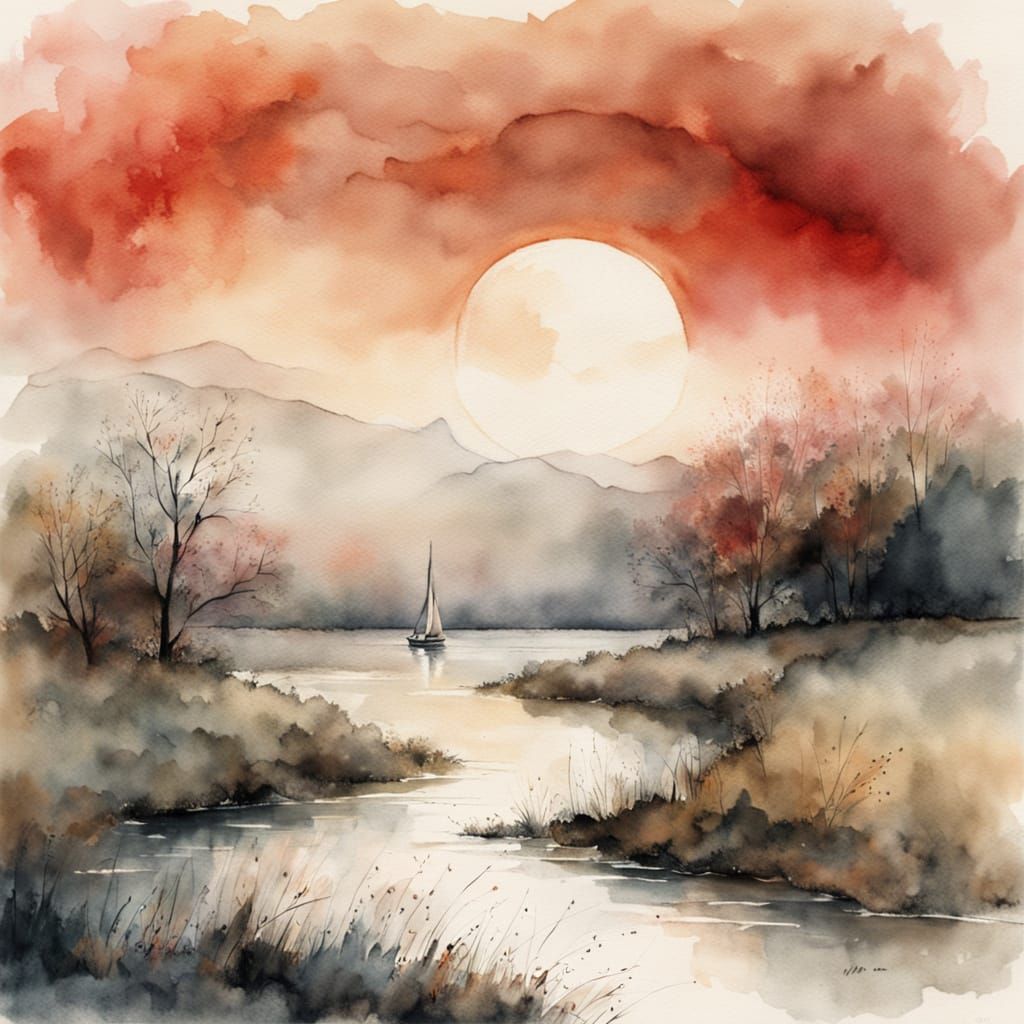 Serene Watercolor Landscape with Red Moon and Sailboat