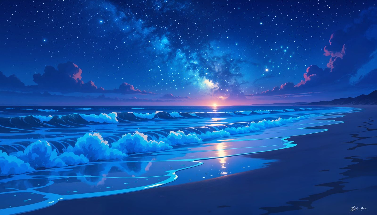 Bioluminescent Shoreline Under Starry Sky