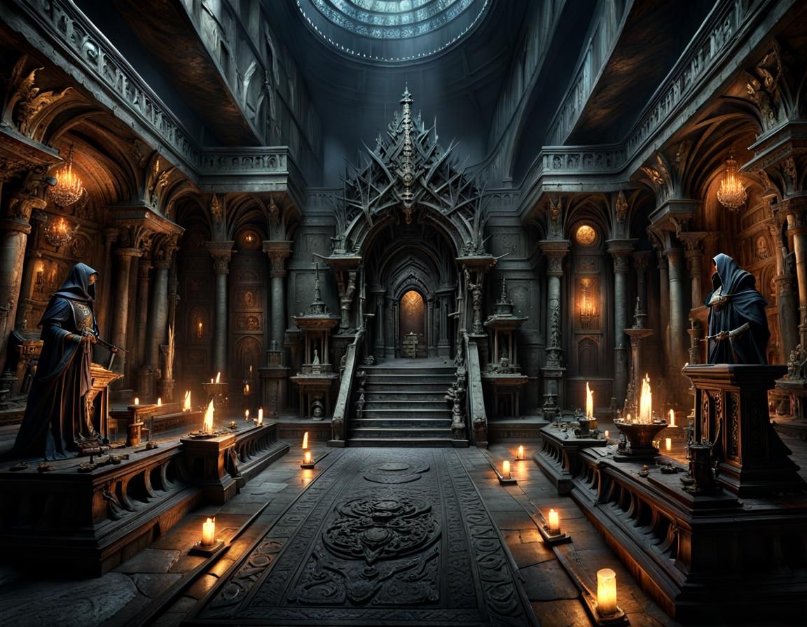 Ornate Dark Fantasy Tomb Interior with Treasure