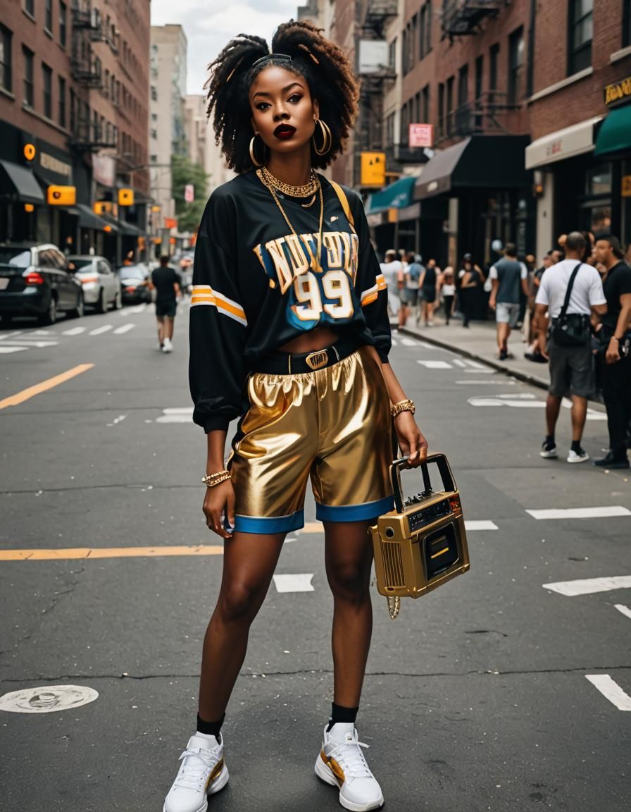 Beautiful Woman in 90s Hip-Hop Fashion