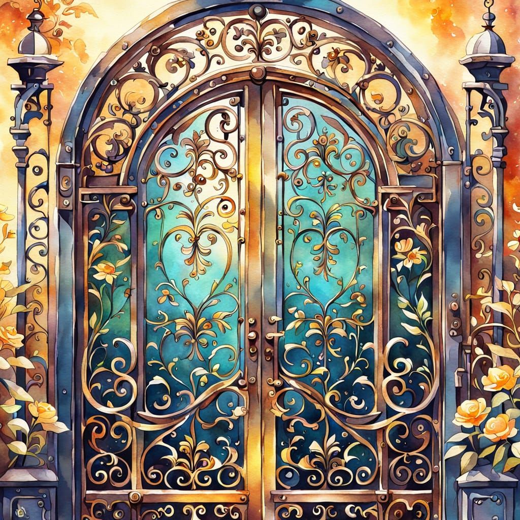 Vintage Door with Flowers: Watercolor Fantasy Masterpiece