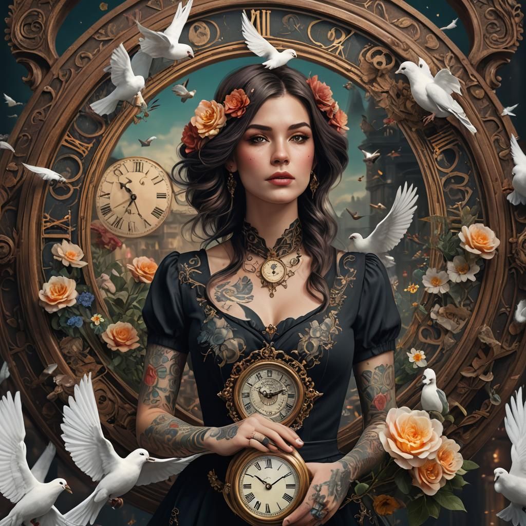 Tattooed Woman with Clock, Fantasy Matte Painting