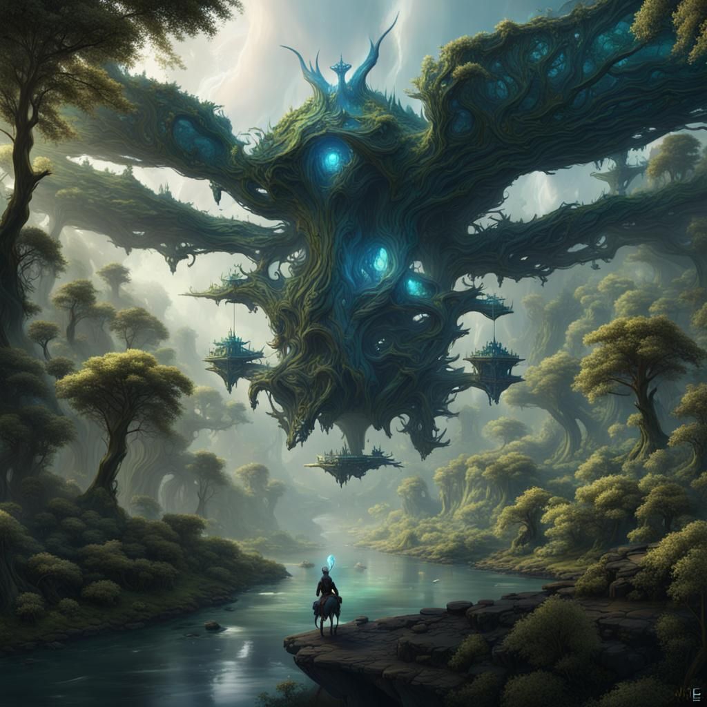 Na'vi Riding Ikran Over Vibrant Forest: Matte Painting