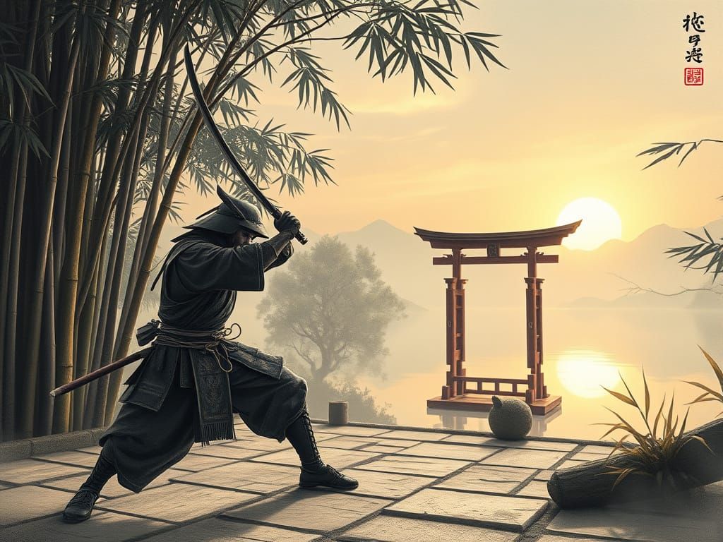 Samurai Kenjutsu Practice in Steampunk Chinese Painting Styl...