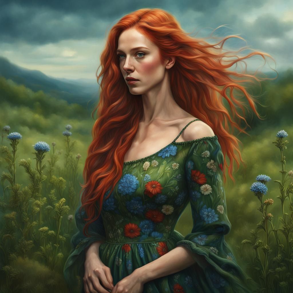 Beautiful Woman in Floral Dress: Hyperrealistic Oil Painting