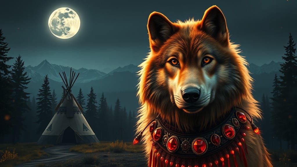 Golden Wolf in Native American Collar Under Moonlit Night Sk...